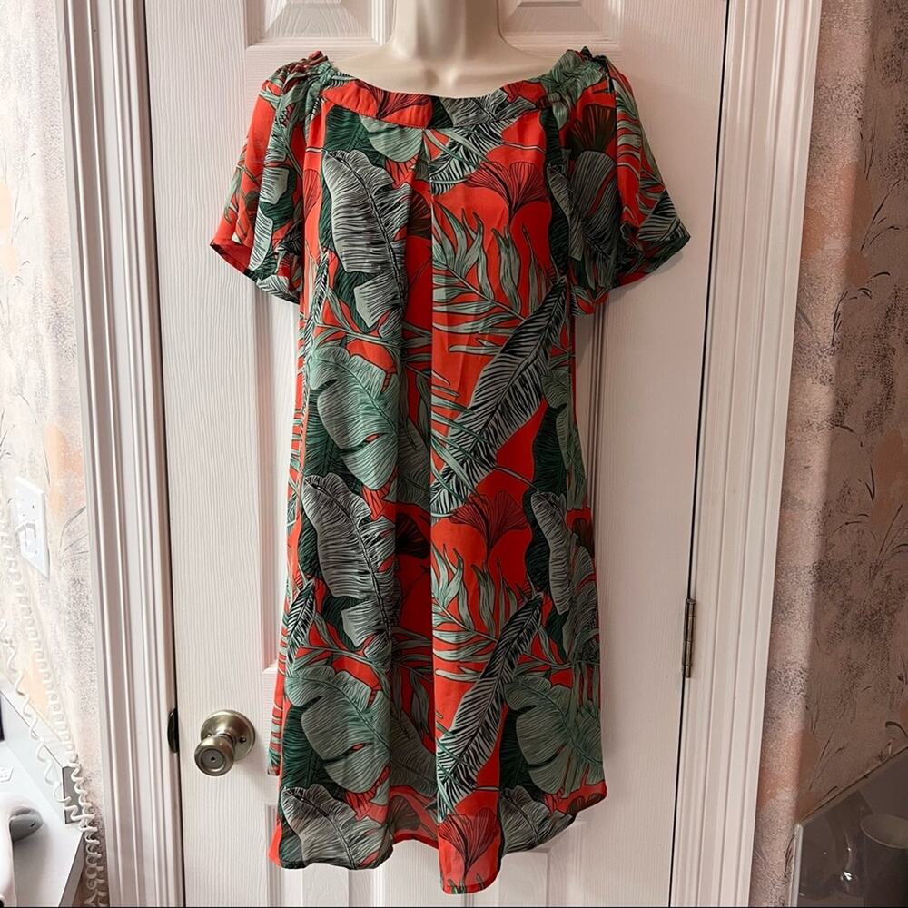 Davi & Dani Tropical Print Off Shoulder Lined Dress With Side Pockets Size S